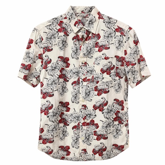 Floral Short Sleeve Button-Up Shirt Cream Red Black Hawaiian Casual Summer - Picture 2 of 2